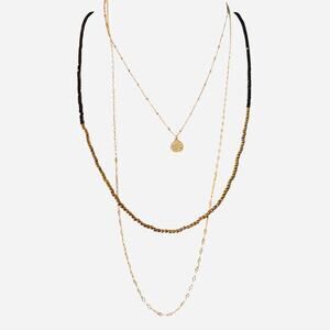 Triple Layered Gold Tone and Black Beaded Attached Stack Necklace